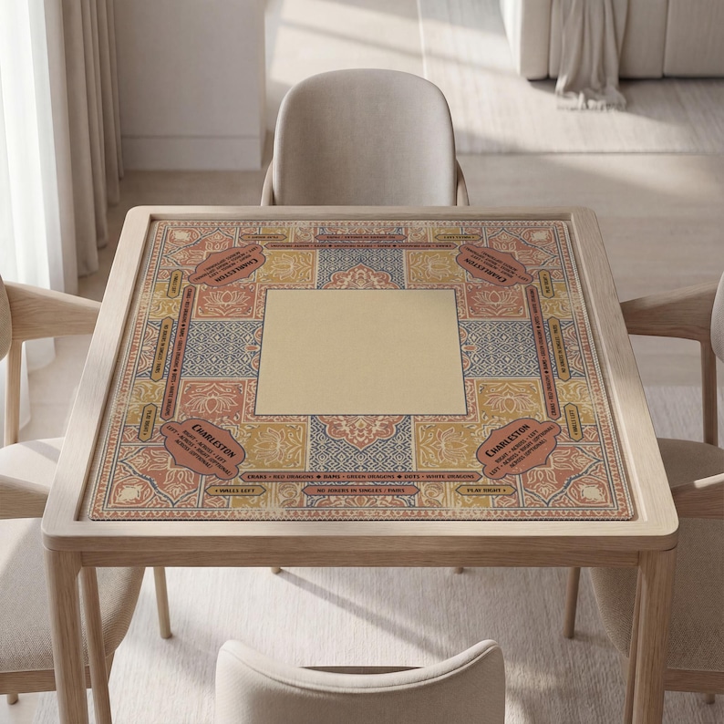 a wooden table with a decorative tile top, surrounded by four chairs. The table has a blank white square in the center, and the chairs are positioned around it.