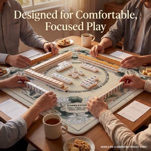 A group of people playing mahjong together, with the game board and pieces visible on the table.