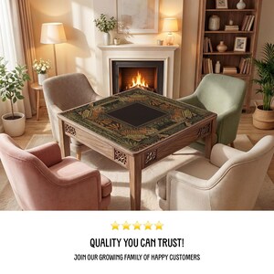 a cozy living room with a fireplace, a wooden table with a decorative tablecloth, and four chairs arranged around the table. The room is well-decorated with potted plants, vases, and bookshelves. The image also includes text that reads "Quality you can trust! Join our growing family of happy customers" and has five-star rating symbols.