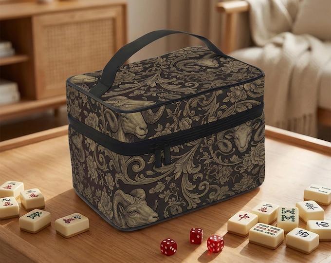 Aries Mahjong Tile Case - Ornate Ram Print, Zippered Carry Bag