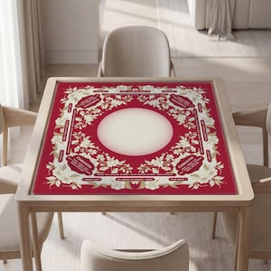 Personalized  Red Mahjong Mat with Instructions (Rules): Floral Vintage Style