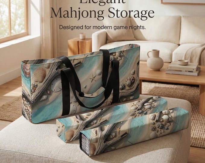 Coastal Beach Mahjong Tote Bag Set with Protective Tile and Rack Storage Sleeves