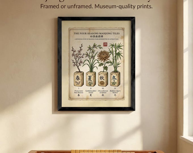 Traditional Mahjong Art Print, Four Seasons Botanical Tiles (Framed or Unframed)