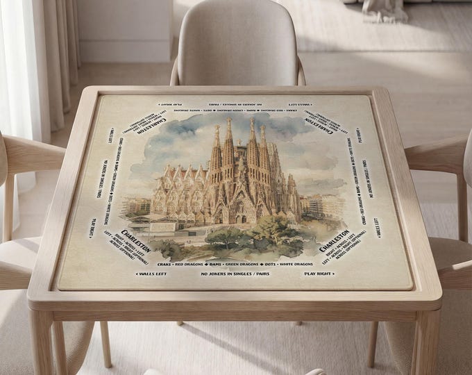 Personalized Mahjong Mat with Instructions (Rules), Barcelona Sagrada Familia Art