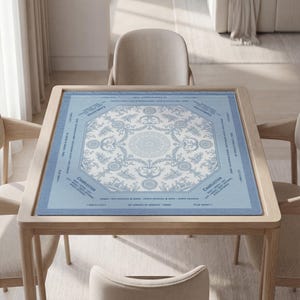Personalized Mahjong Table Mat with Instruction: Blue Porcelain Style, Custom Text