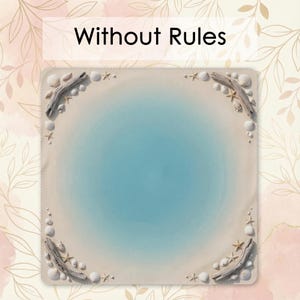 a square with a blue background, surrounded by seashells and driftwood, and the text "Without Rules" is displayed above the image.
