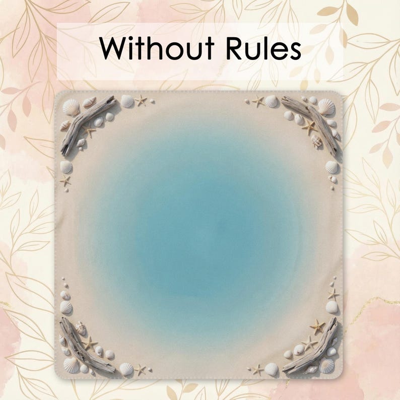 a square with a blue background, surrounded by seashells and driftwood, and the text "Without Rules" is displayed above the image.