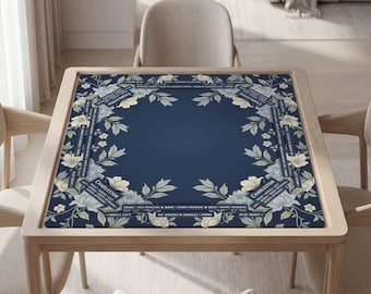 Personalized Mahjong Mat, Navy Floral Design, Soft Polyester, Non-Slip Rubber