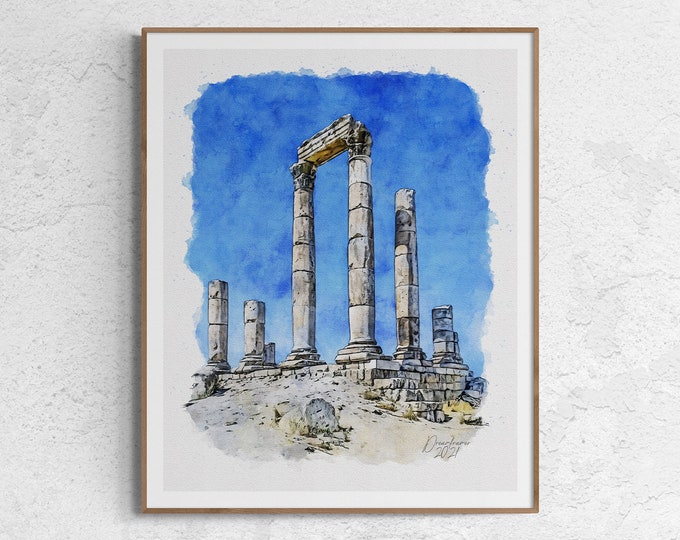 Temple of Hercules Watercolor Print Jordan Art Premium Quality Travel Poster Artful Wall Decor Unframed Wall Art