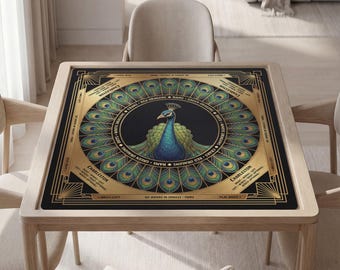Custom Mahjong Mat, Peacock Design, Soft Polyester | Non-Slip Backing, Carry Pouch