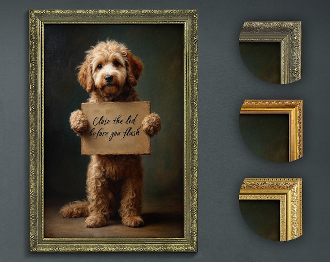 Funny Bathroom Art, Goldendoodle Dog with a Sign Close the Lid Before You Flush, Funny Dark Academia Decor, Funny Bathroom Dog Print