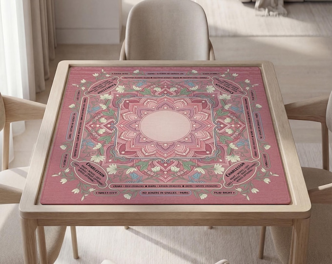 Mahjong Table Mat: Pink Floral Mandala - Personalized Option with Bag Included