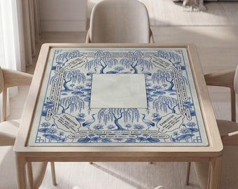 Personalized Mahjong Mat: Blue Willow Lotus, and Crane with Rules (Instructions)