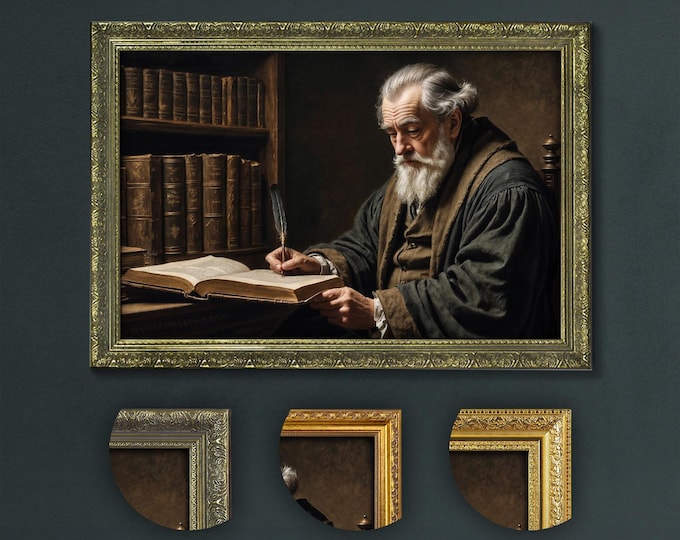 Old Man Reading in Library, Dark Academia Art Print, Vintage Style Scholar Decor, Elegant Study Room Artwork, Intellectual Office Decor