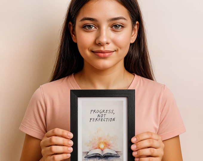Progress Not Perfection Wall Art, Affirmational Quote Print, Open Book Watercolor, Mindful Decor