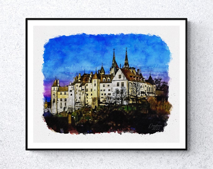 Neuchatel Castle Watercolor Print Switzerland Art Premium Quality Travel Poster Artful Wall Decor Unframed Wall Art