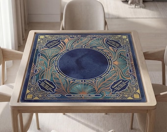 Personalized Mahjong Mat, Dark Blue Art Deco, Gold Geometric Fans, Non-Slip