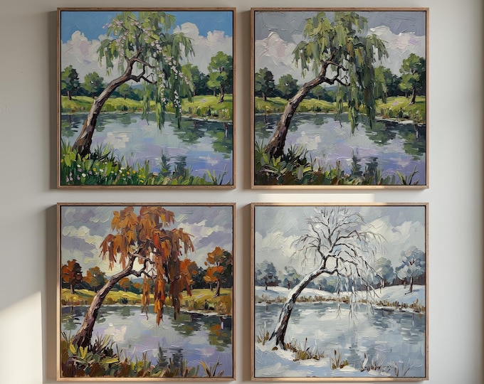 Four Seasons Landscape Art: Trees by a Pond - Digital Download