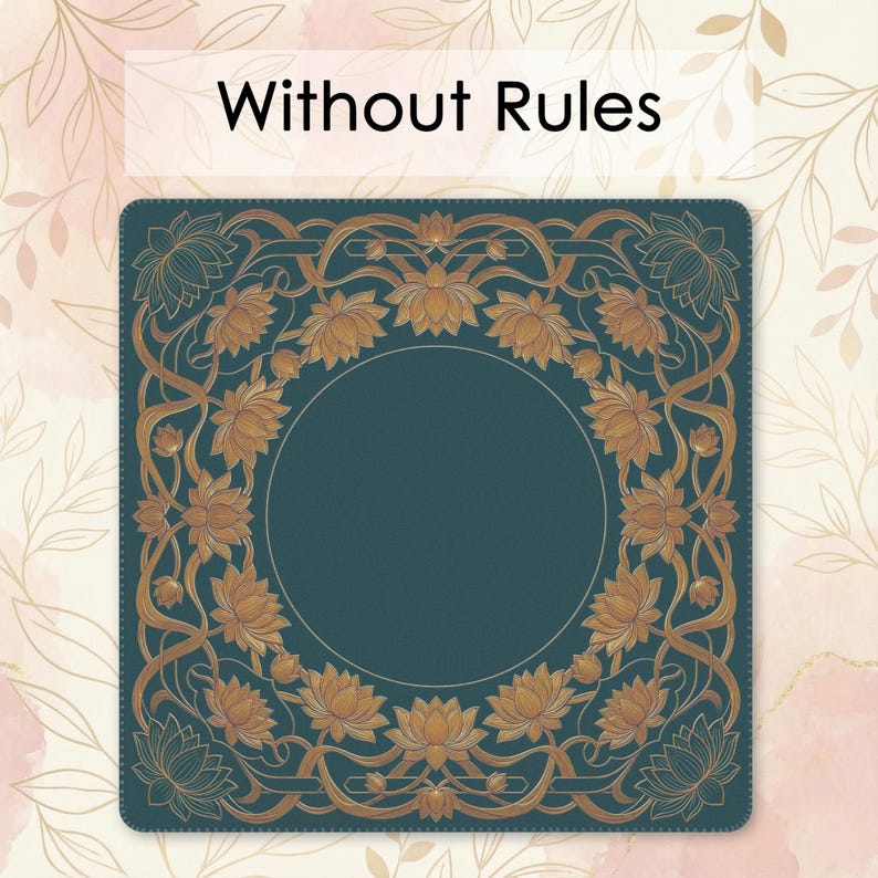 a square with a decorative border of gold flowers and leaves on a dark blue background.