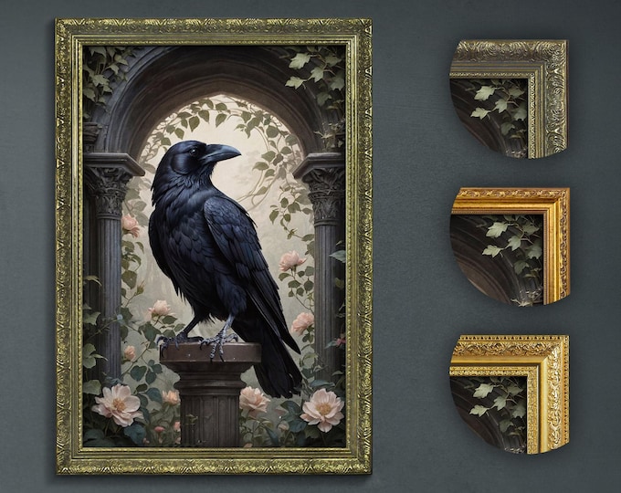 Moody Dark Art, Raven in a Garden, Dark Academia Decor, Artful Prints, Moody Decorative Art, Moody Artful Print, Dark Aesthetic Witchy Decor