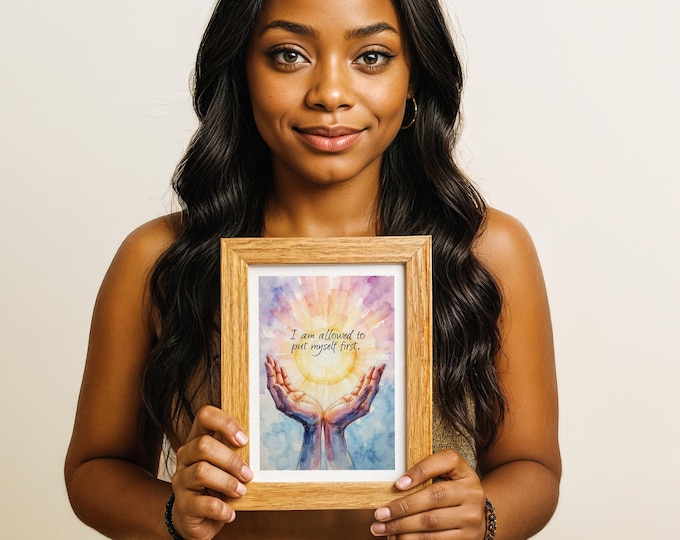 Self Care Affirmation Print - Watercolor Hands with Sun Artwork, 5x7 in (13x18 cm)