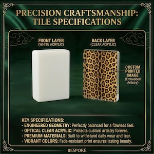 The image is a detailed comparison of two different tile specifications, one with a white acrylic front layer and the other with a clear acrylic back layer. The specifications include key details about the materials, such as the engineering geometries, optical clear acrylic, premium materials, and vibrant colors. The image is a collage of two images, one showing the front layer and the other showing the back layer, providing a clear visual comparison of the two tile options.