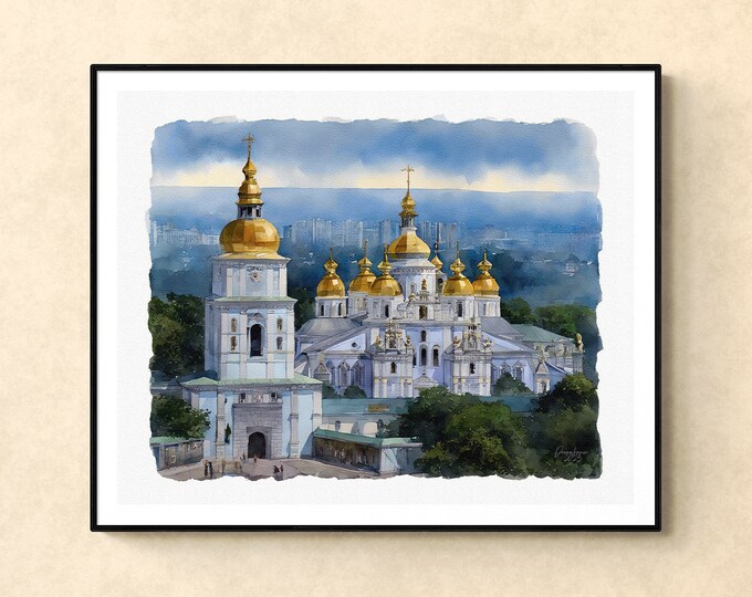St. Michael's Golden-Domed Monastery Kyiv Watercolor Print Ukraine Art Premium Quality Travel Poster Artful Wall Decor Unframed Wall Art
