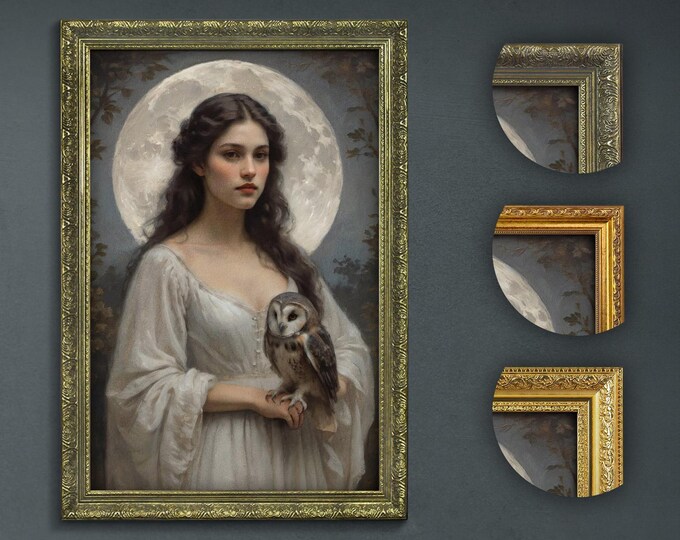 Moonlit Maiden Art Print: Ethereal Woman with Owl, Gothic Decor