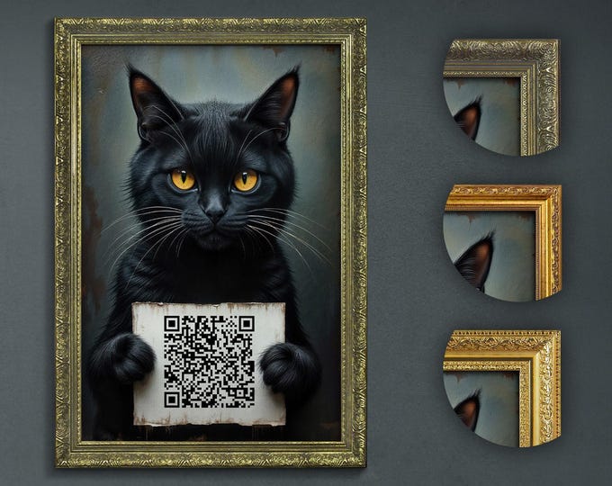 Funny Cat Bathroom Art: Custom QR Code Dark Academia Decor
