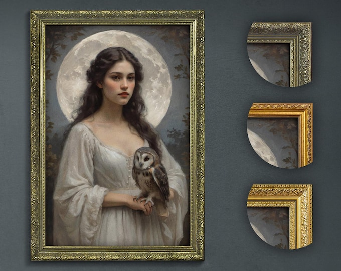 Moonlit Maiden with Owl, Enchanted Forest Art, Ethereal Moon Wall Art, Dark Academia Gothic Decor, Vintage Style Dreamy Night Scene