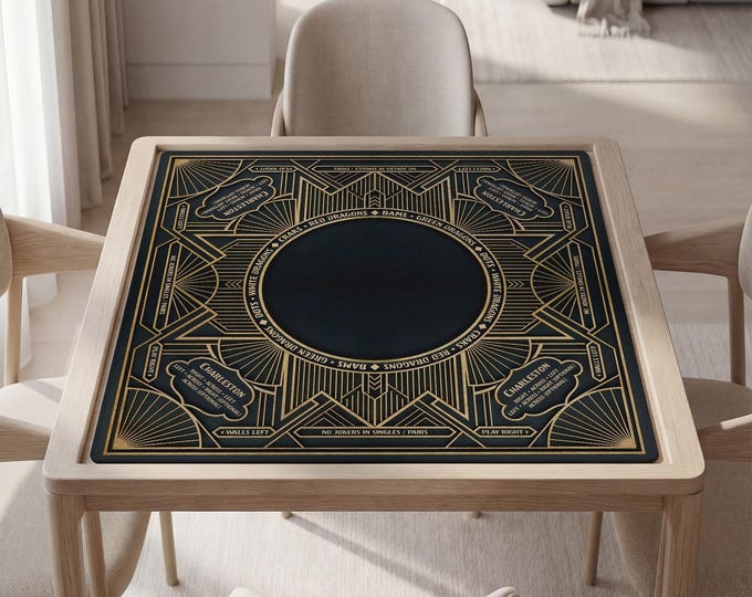 Personalized Dark and Gold Art Deco Mahjong Mat with Rules (Instructions) Non Slip