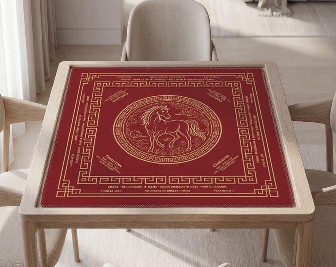 Personalized Luxury Red Mahjong Mat with Instructions (Rules), Gold Horse Design