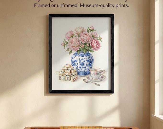 Peony and Mahjong Wall Art Tile Print: Chinoiserie Style (Framed or Unframed)