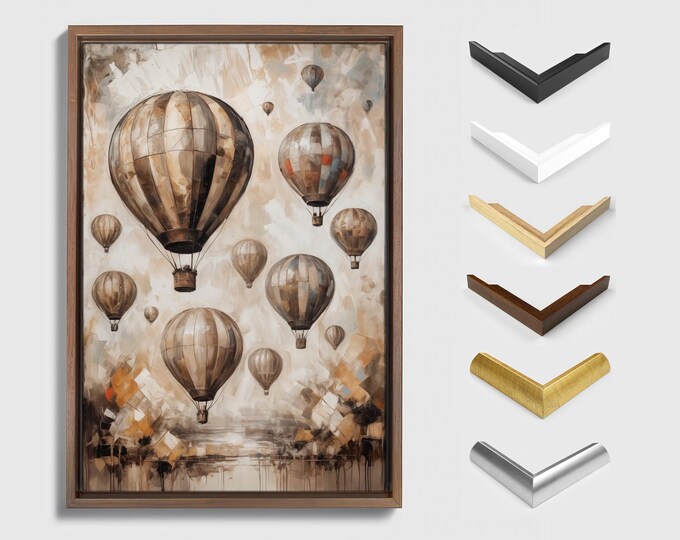 Framed Canvas Art, Vintage Hot Air Balloon Art, Neutral Framed Canvas Print, Abstract Aerial Adventure, Earthy Tones, Elegant Home Decor