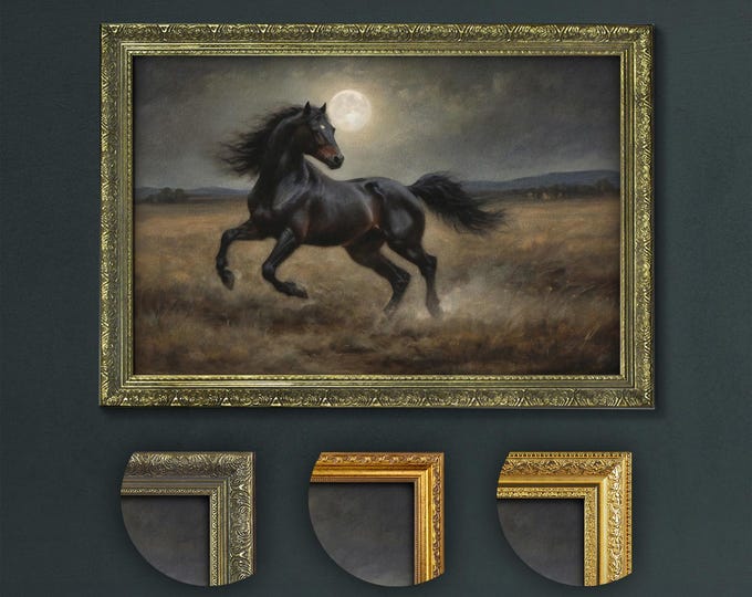 Majestic Black Horse in Moonlit Field, Dark Academia Style, Equestrian Moonlight Art, Vintage Inspired Wall Decor, Art Print for Home