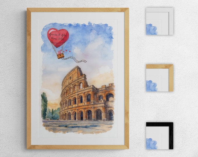 Personalized Rome Art Print, Custom Colosseum Watercolor with Names & Date, Romantic Italy Wall Art, Anniversary Gift, Framed or Unframed