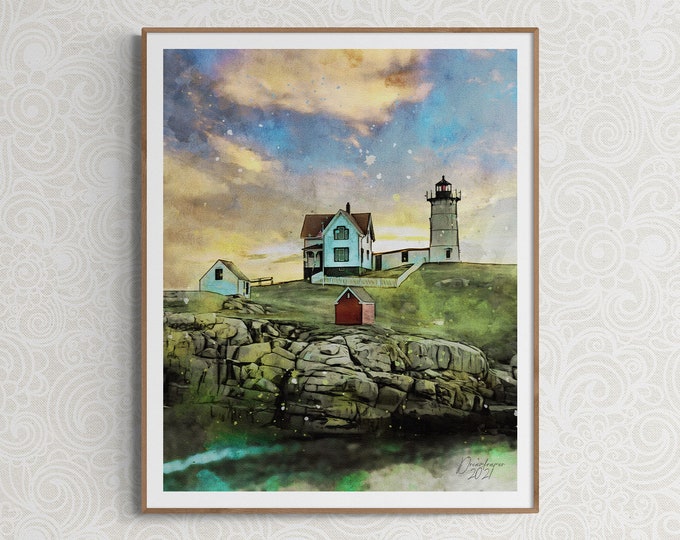 Nubble Light Watercolor Print The Cape Neddick Maine Art Premium Quality Travel Poster Artful Wall Decor Unframed Wall Art