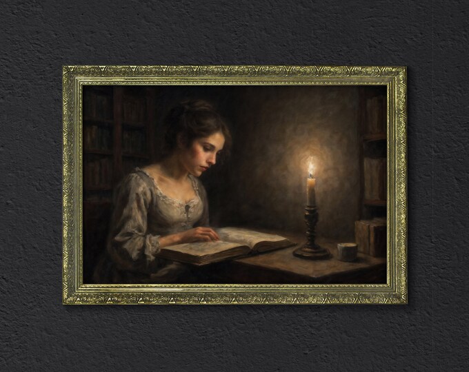 Moody Dark Print, Woman Reading, Dark Academia Decor, Rustic Dark Cottagecore Decor, Moody Cottagecore Wall Art, Dark Moody Framed Retro Art