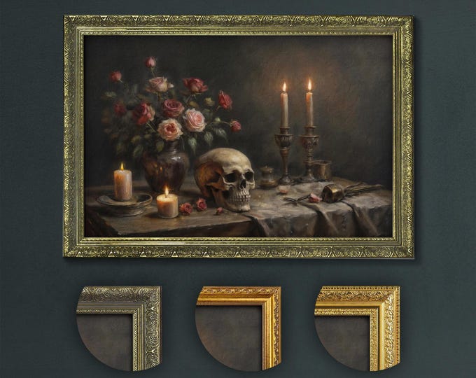 Skull and Roses Art Print: Dark Academia Victorian Still Life