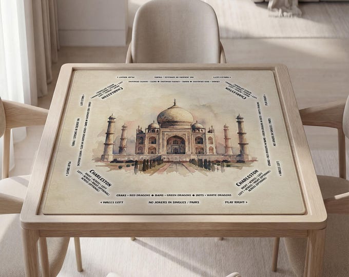 Personalized Taj Mahal India Watercolor Mahjong Mat with Instructions (Rules)