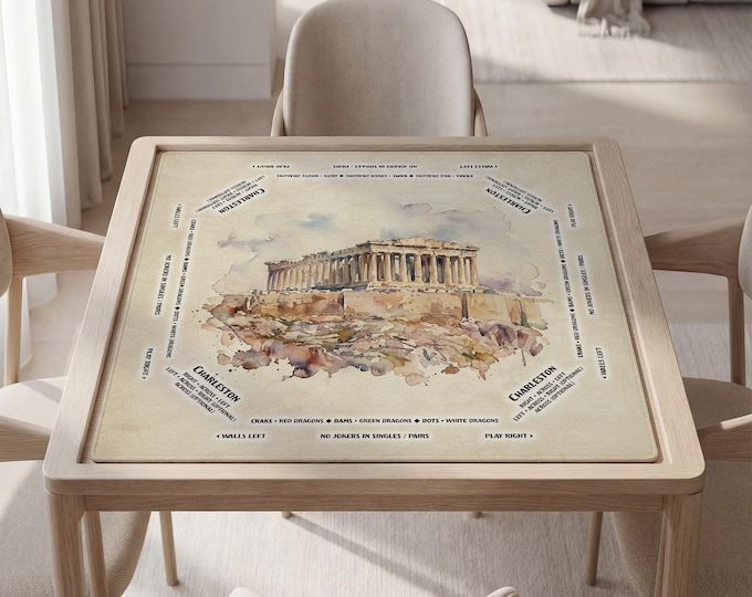Personalized Athens Acropolis Watercolor Mahjong Mat with Instructions (Rules)
