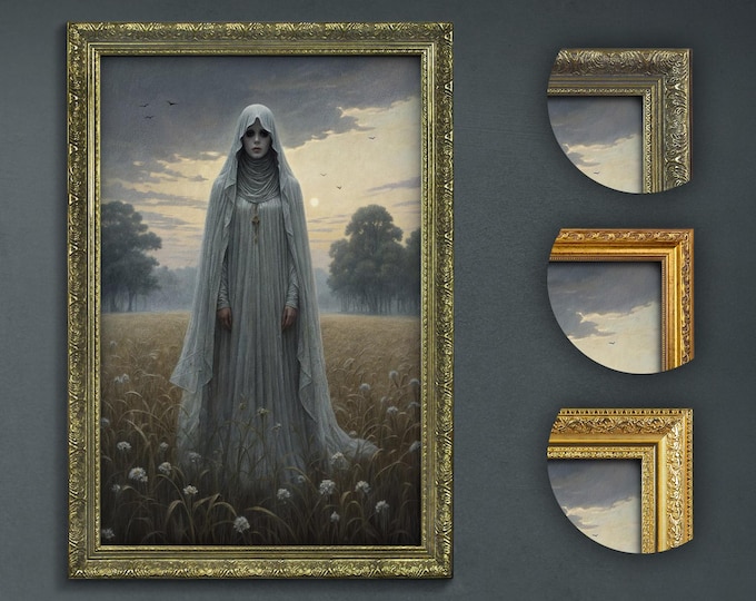 Ethereal Ghost in Field Art Print, Dark Academia Gothic Decor, Haunting Solitude Wall Art, Mystical Sunset Scene, Ghostly Figure in Meadows