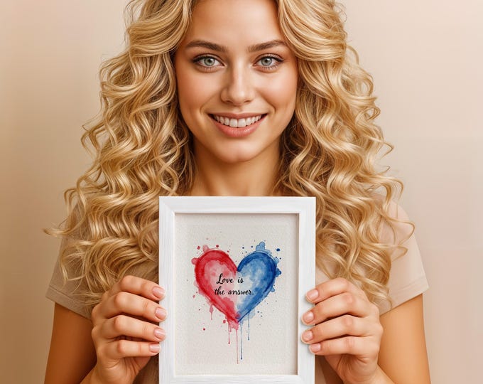 Watercolor Heart Wall Art, Love Is the Answer, Inspirational Print, 5x7 in (13x18 cm)