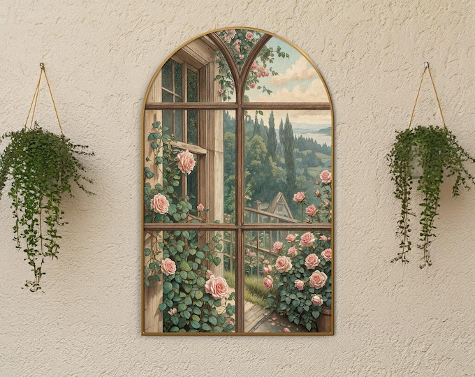 Arched Rose Garden Canvas Print: Gold Frame Window Illusion
