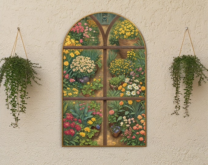 Arched Floral Canvas Art, Colorful Garden Window Wall Decor, Botanical Home Decoration, Spring Flower Artwork Print, Nature Inspired Art