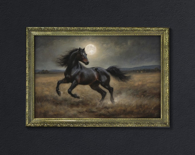 Moody Dark Black Horse Art, Dark Academia Decor, Rustic Dark Cottagecore Decor, Moody Cottagecore Wall Art, Dark Moody Framed Retro Wall Art