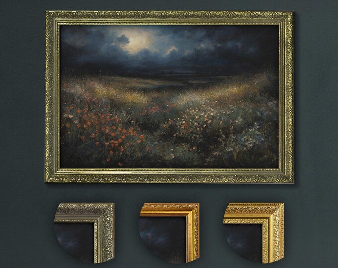 Wildflower Field Art Print: Moody Dark Academia Decor, Choice of Frames