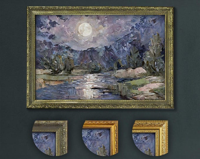 Moonlit River Landscape, Dark Academia Art Print, Tranquil Night Scenery, Mystic Moon Glow, Nature Inspired Wall Decor, Home Aesthetics