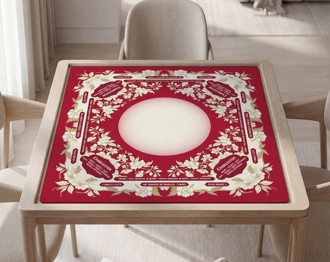 Personalized  Red Mahjong Mat with Instructions (Rules): Floral Vintage Style