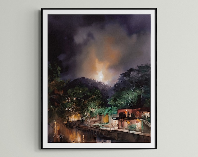 Puerto Vallarta's Rio Cuale at Night Watercolor Print Mexico Art Premium Quality Travel Poster Artful Wall Decor Unframed Wall Art